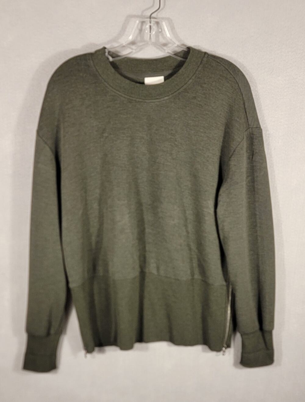 Varley Lowry Longline Sweat DoubleSoft Olive Green Side Zip Crewneck Sweatshirt